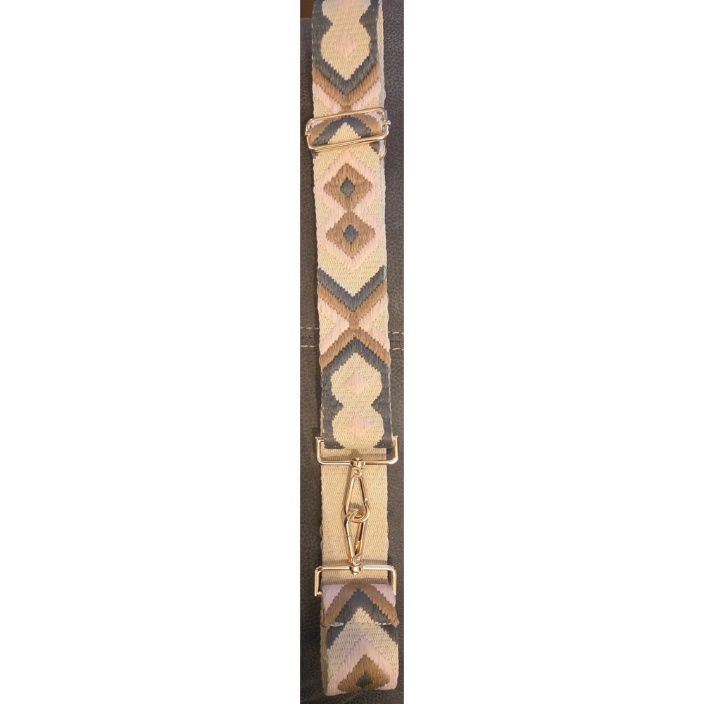 Embroidered Aztec Bag Strap - 2" Adjustable, Gold Hardware - Pink/Brown/Beige